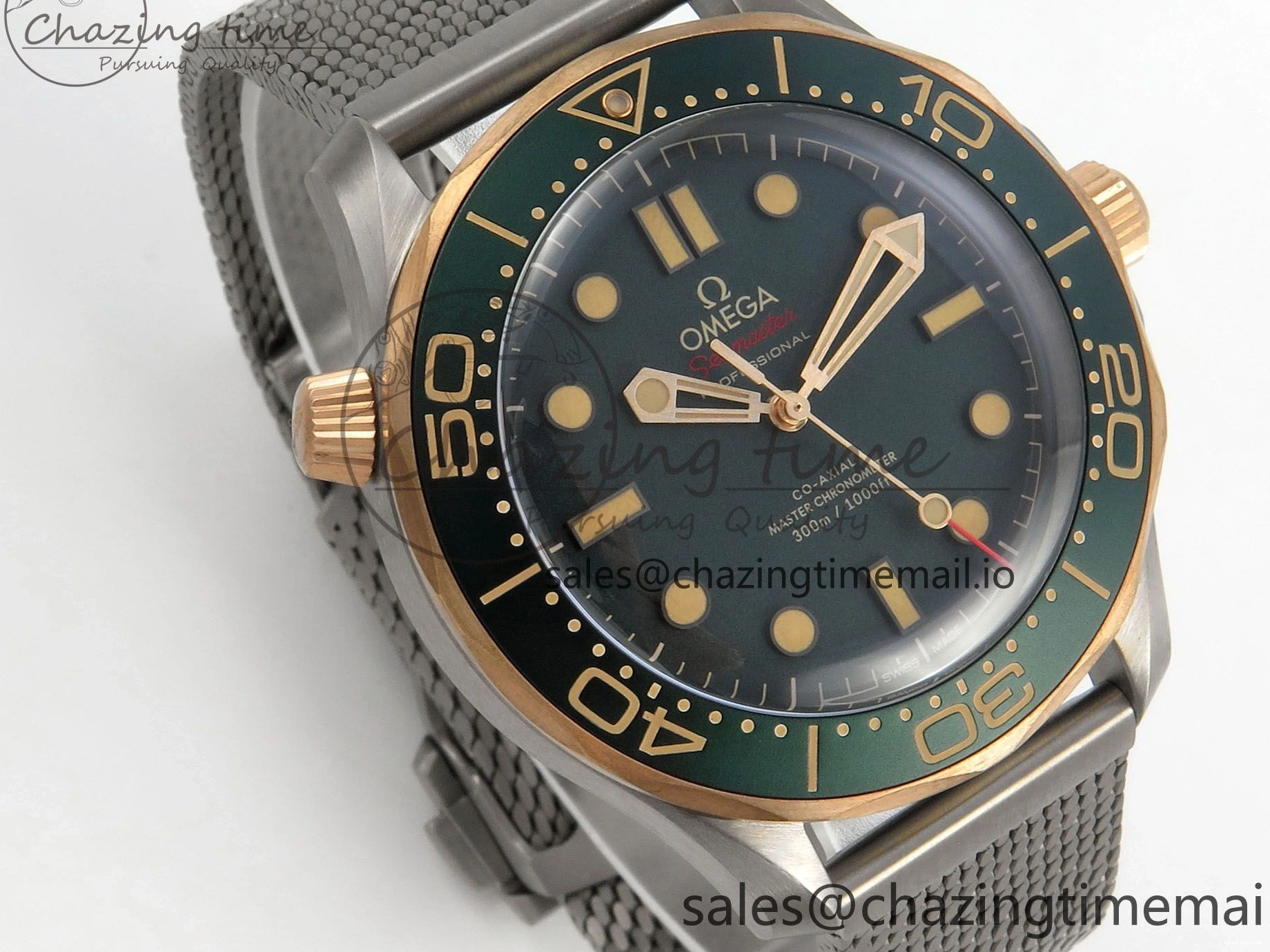 0329 OdorResistant Seamaster 300M Diver Titanium Bronze Gold VSF 1:1 Best Edition Green Dial on Titanium Mesh Bracelet A 7660